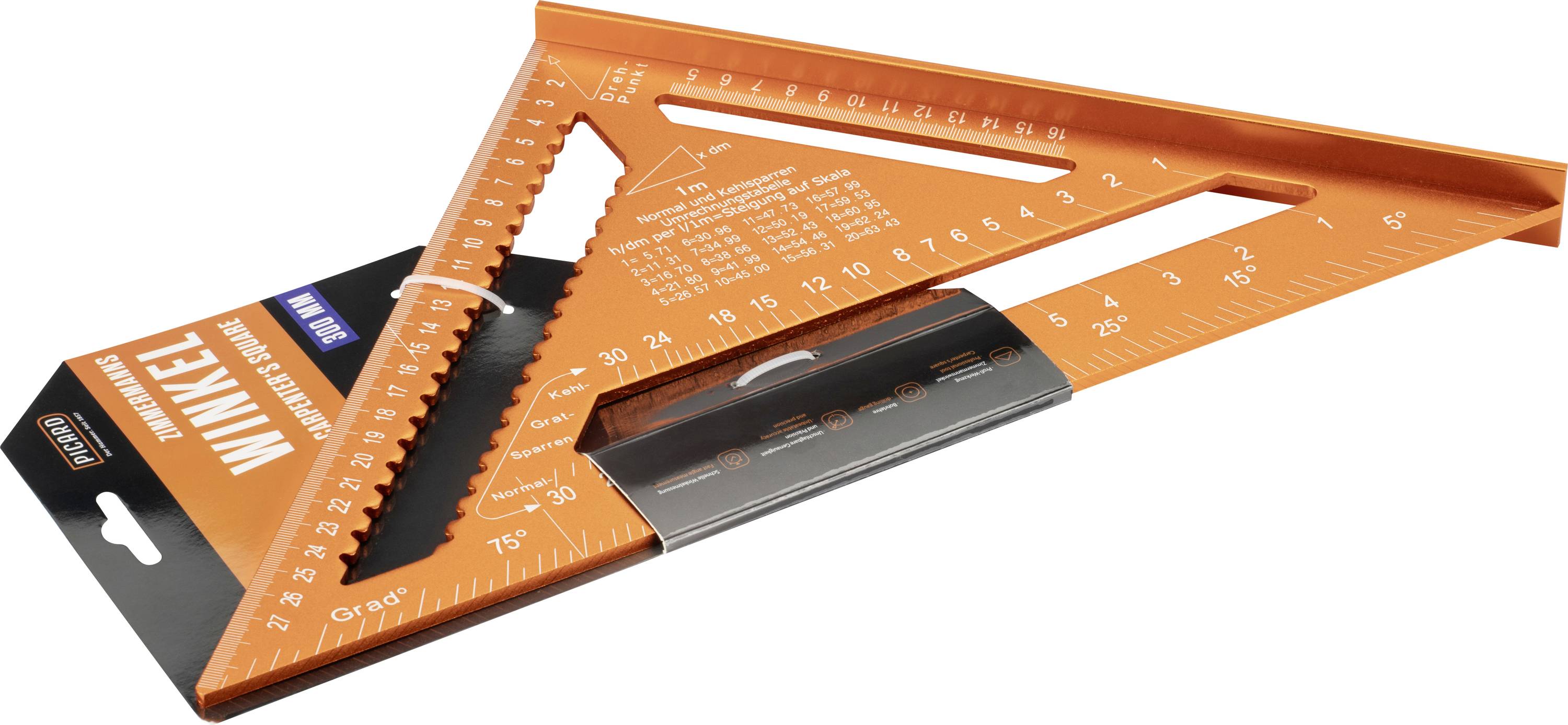 An orange triangular ruler with various measurement markings, including angles and inches, used for carpentry and layout work.