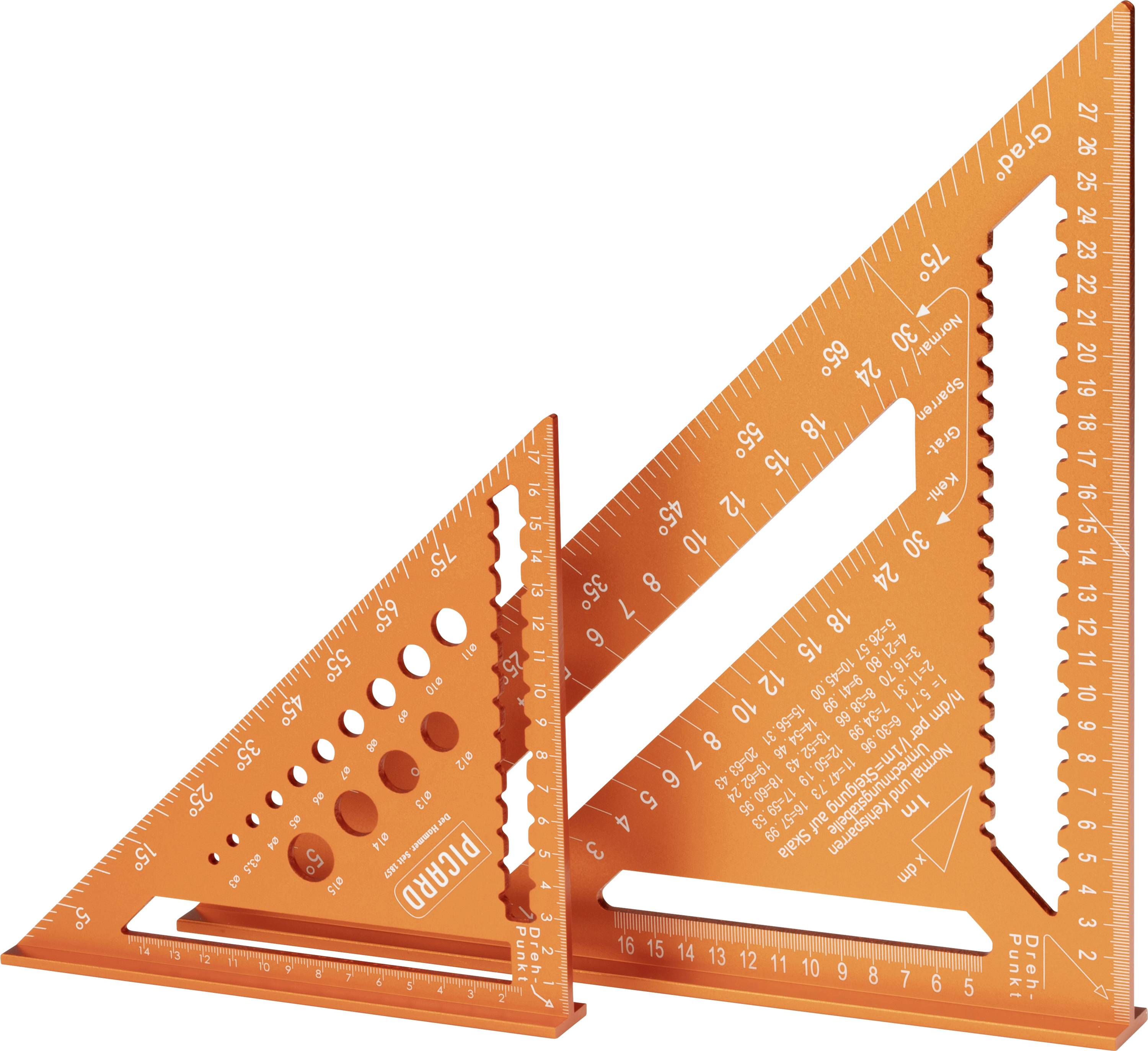 Two orange triangular measuring tools with various raised geometric shapes and metric scales, used for drawing and measurements.