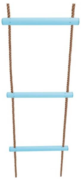 A rope ladder with brown ropes and blue rungs hanging vertically.