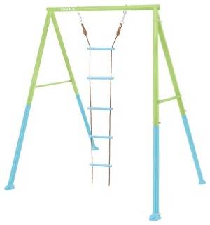 A-frame swing set with a hanging rope ladder in blue and green colors, standing on a white background.