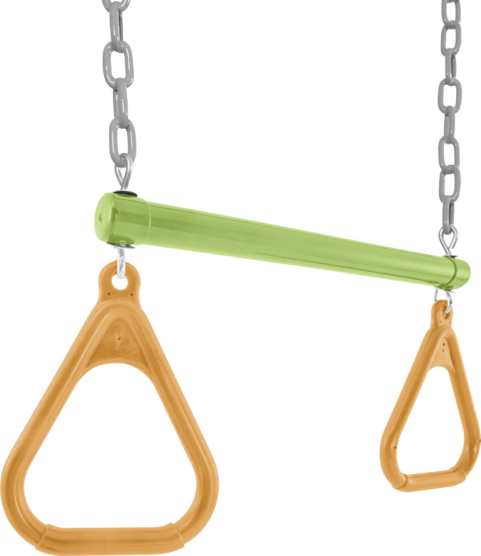 Green trapeze bar with orange rings hanging by metal chains, used for playground equipment or fitness activities.