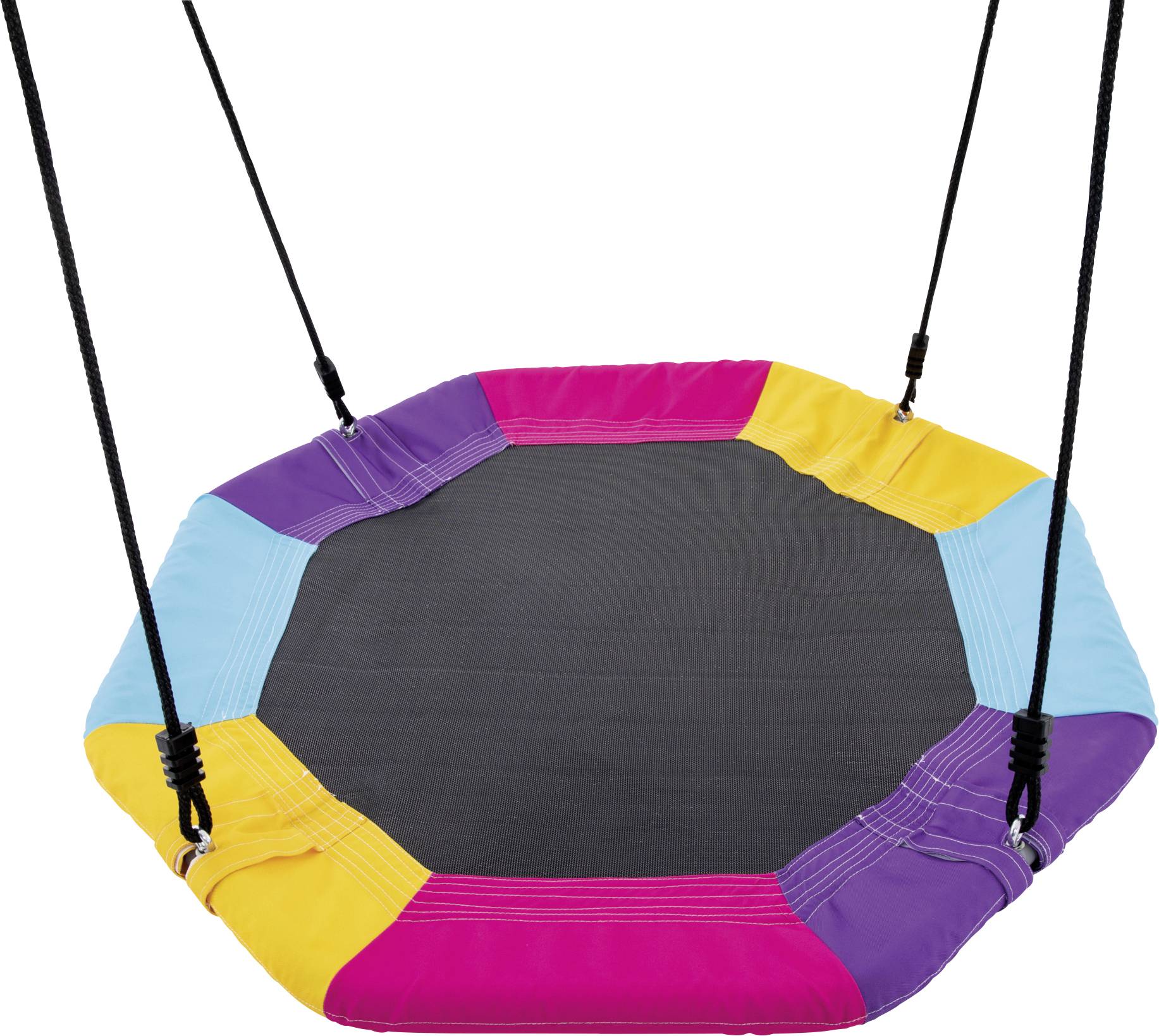 A round, multicolored swing with segments in purple, yellow, and blue, suspended by black ropes, designed for outdoor play.