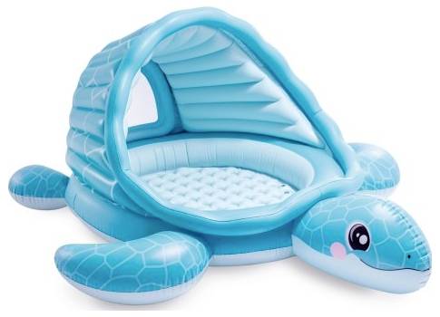 Inflatable blue turtle-shaped pool for children with a built-in sunshade cover.