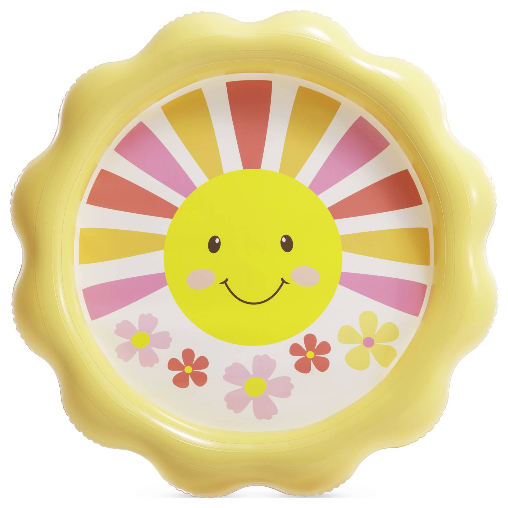 A round, cheerful inflatable pool with a smiling sun face and colorful rays of pink and orange; floral pattern at the bottom.
