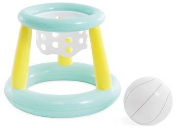 Inflatable ring basketball hoop set with yellow and blue frame and attached white net, paired with a small white ball.