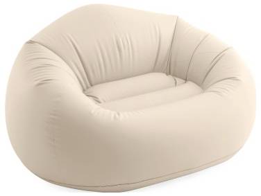 A beige inflatable lounge chair with a round, cushioned design, providing a comfortable seating option for indoor or outdoor use.