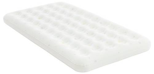 An inflatable single air mattress with a dimpled surface design, primarily white in color, suitable for camping or guest use.