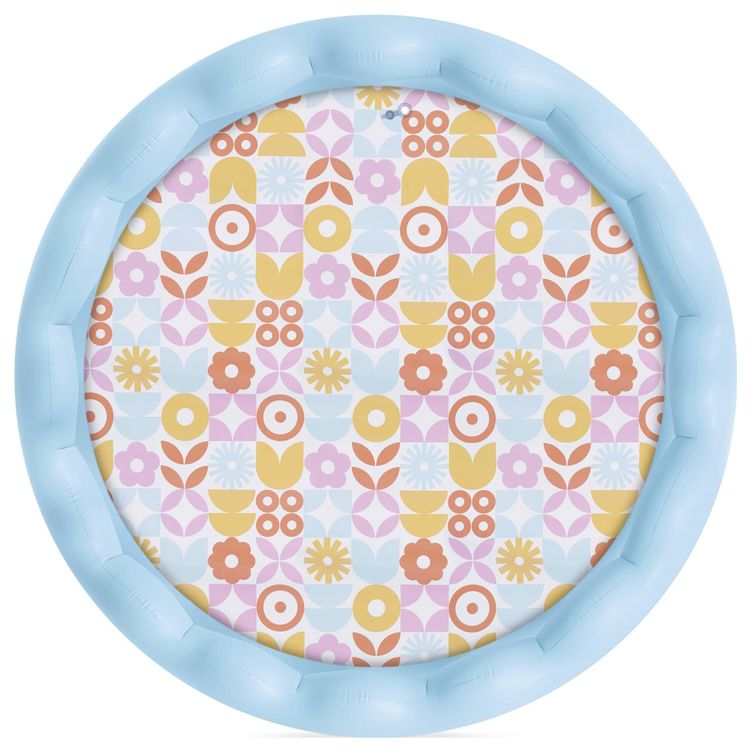 Round inflatable pool with a light blue rim featuring a colorful retro floral pattern inside, displaying orange, pink, and blue flowers.