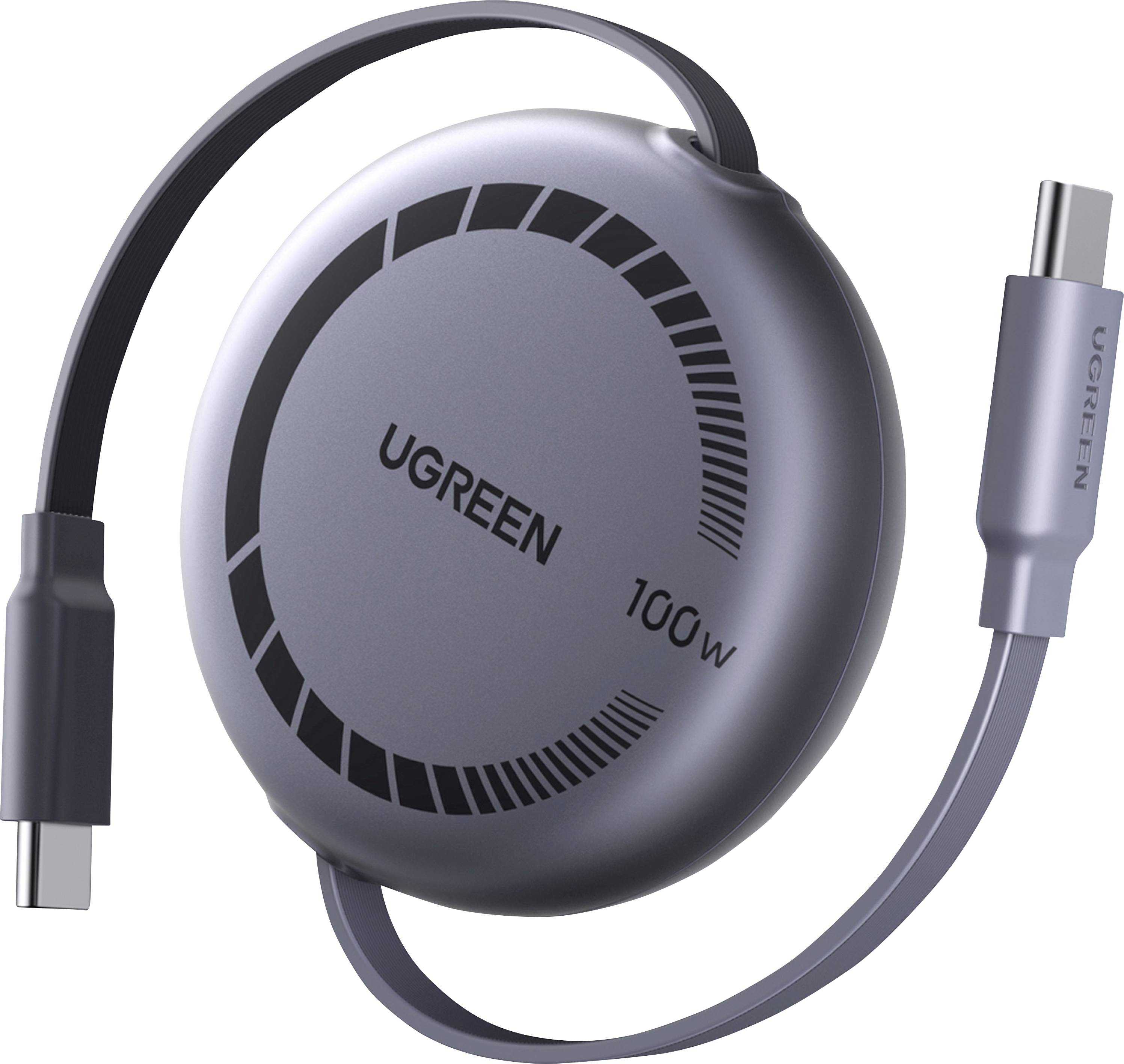 Round UGREEN 100W retractable USB-C charging cable with built-in spool and two USB-C connectors, shown on a white background.