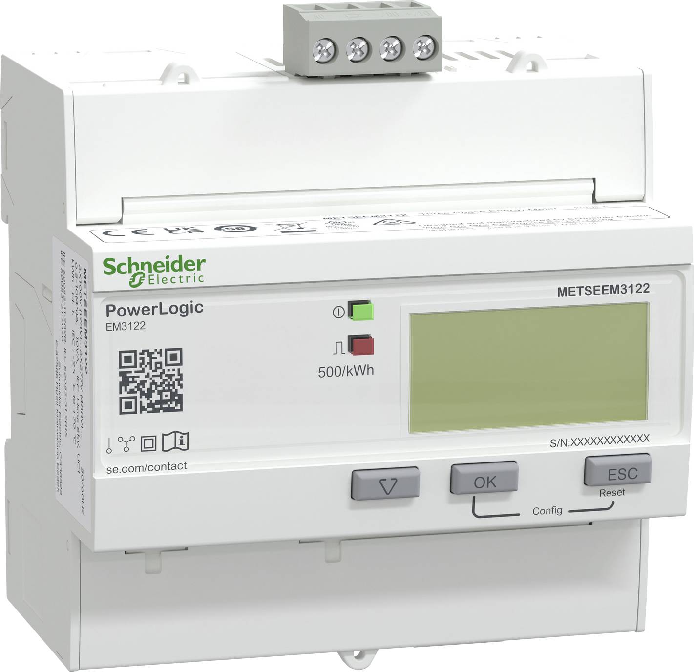 Energy meter labeled 'Schneider Electric PowerLogic', model EM3122. Features an LCD screen, buttons, and red/green indicator lights.