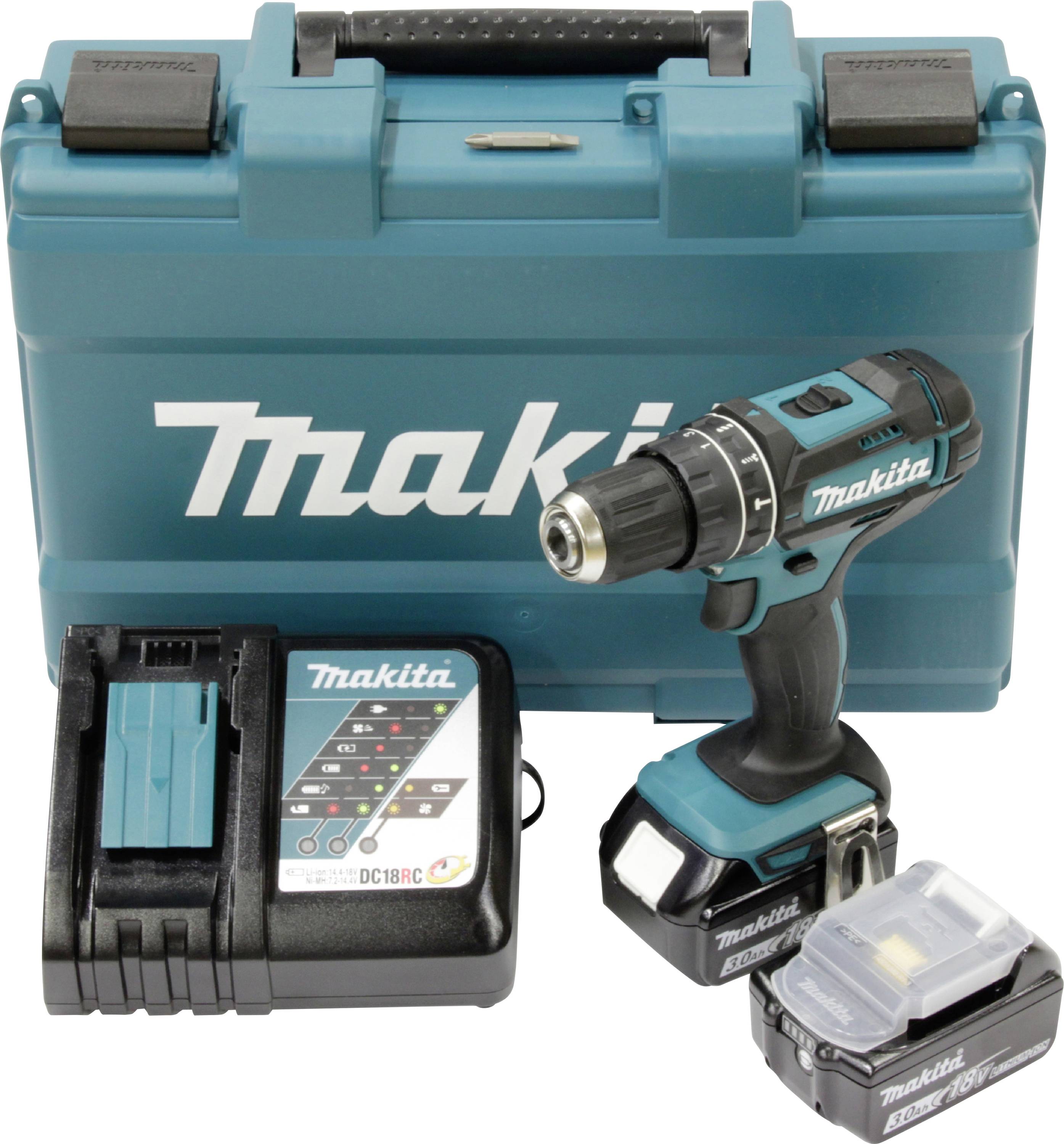 A cordless drill set with two batteries, a charger, and a Makita-branded case.