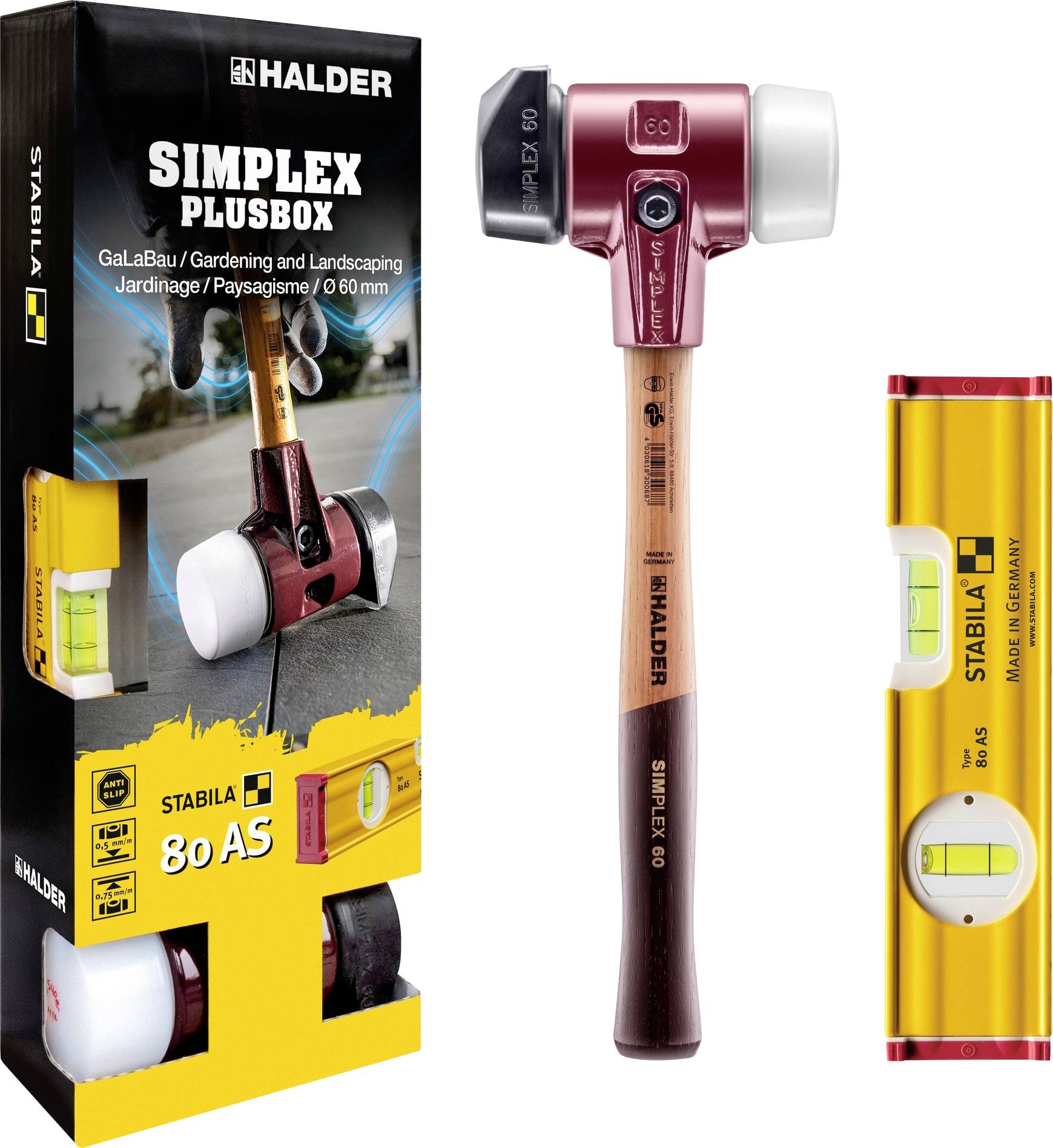 'Simplex Plusbox' hammer and level packaging displayed; includes a mallet with wood handle and dual-sided head, and a yellow spirit level.
