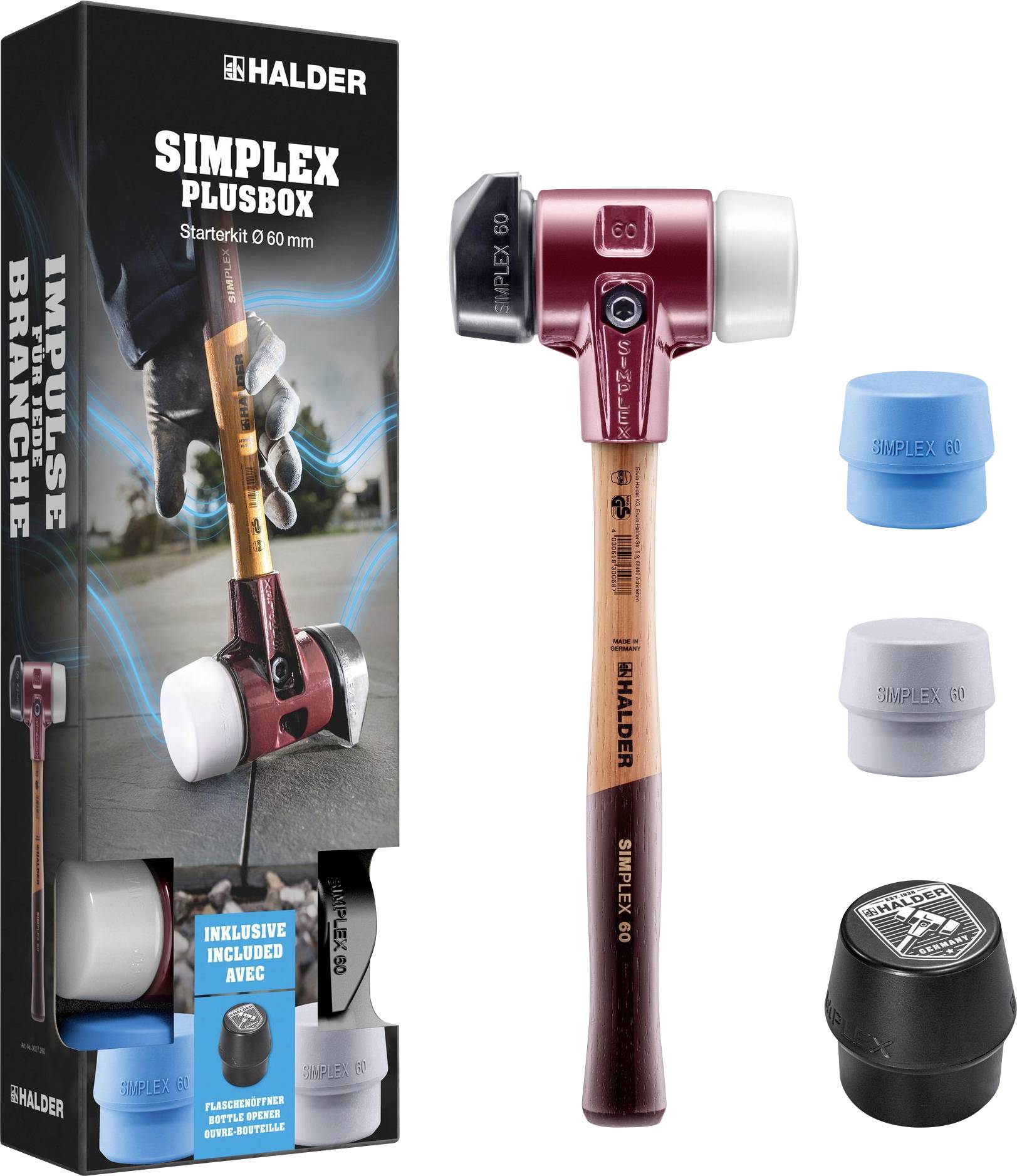 'Simplex PlusBox' starter kit, featuring a hammer with interchangeable heads. Includes blue, grey, and black caps for varied uses.