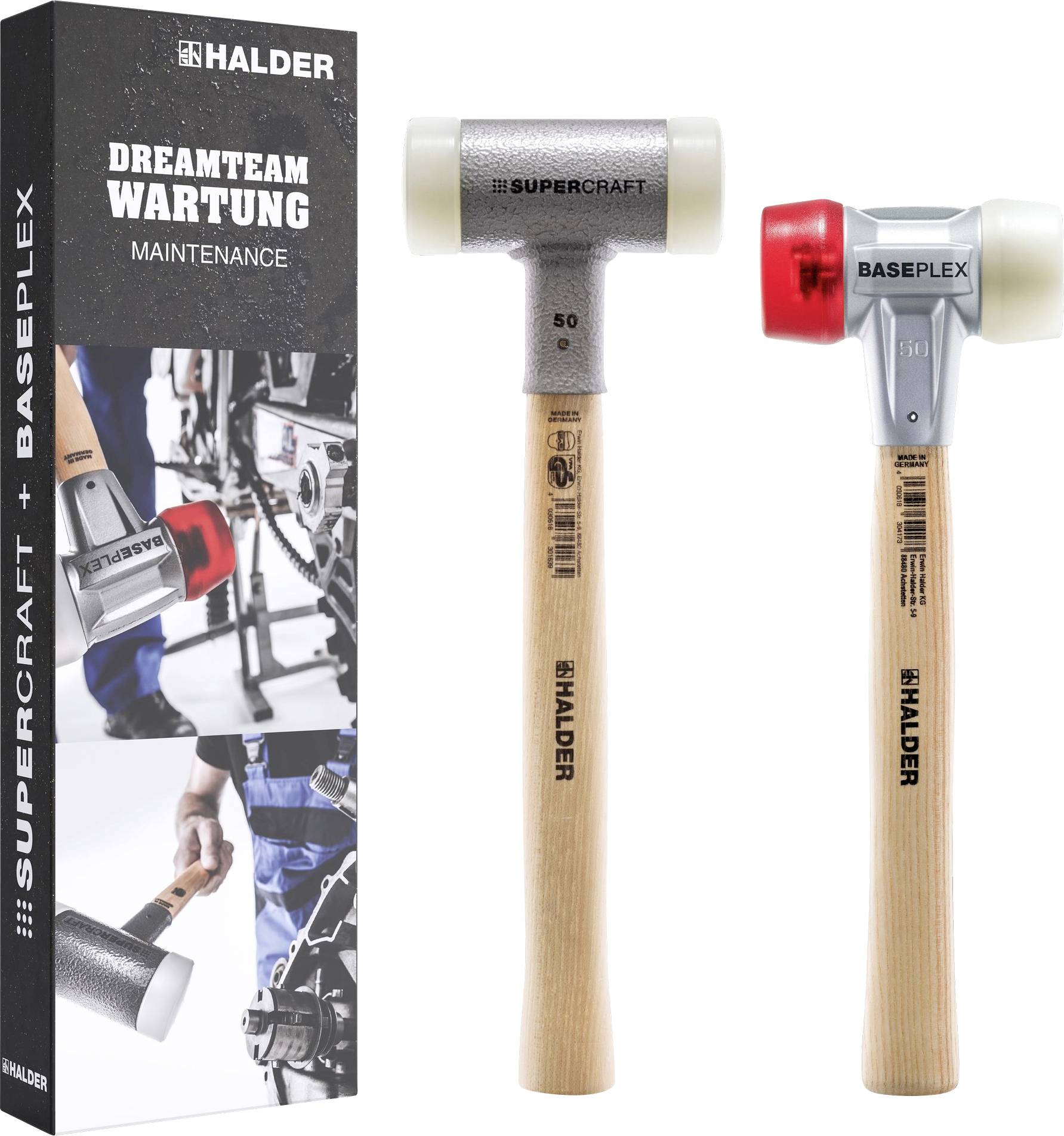 'HALDER' branded hammers displayed against a white background; one is grey with a white rubber head, the other red. Packaging shows maintenance use.