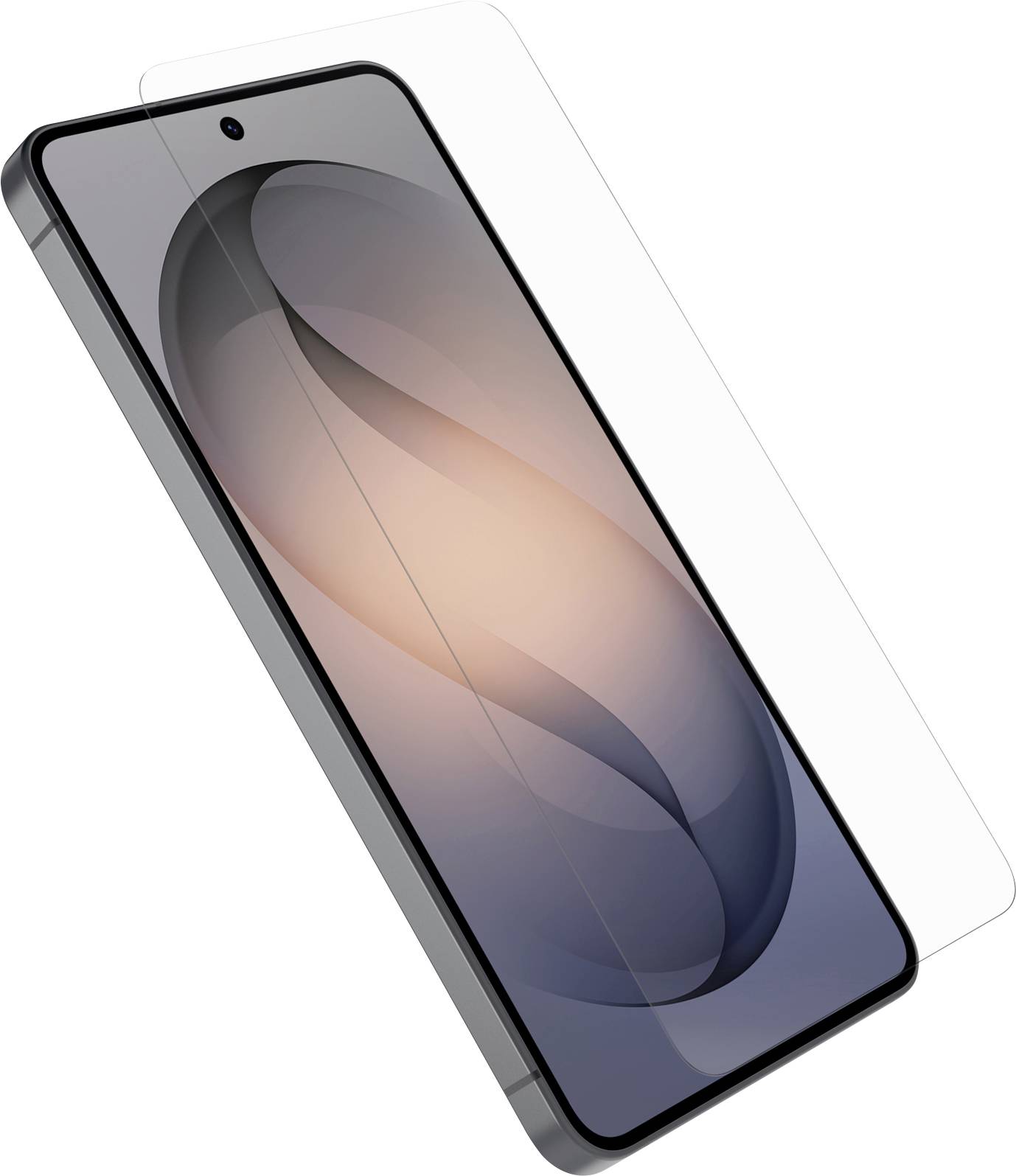A smartphone shown diagonally with a clear protective screen or case overlay on a white background.
