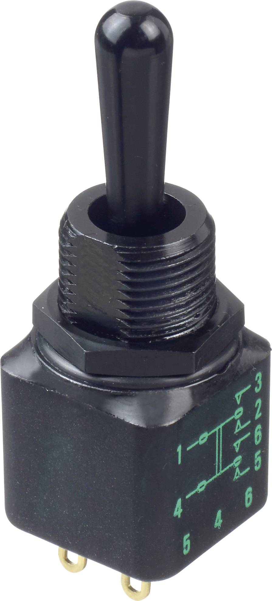 A black toggle switch with six numbered terminals and a diagram indicating wiring connections on the side.