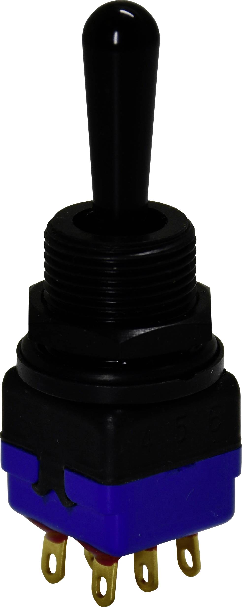 A black toggle switch with a blue base and six gold pins is shown.