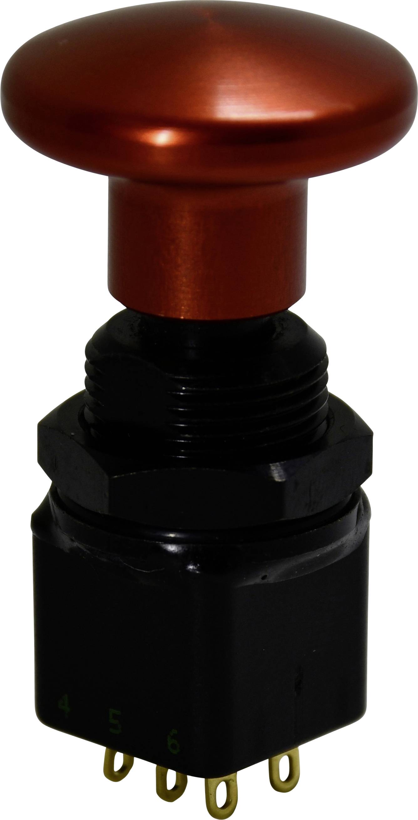 A red push button switch with pins for electronic connections, suitable for activating circuits. Black base with hexagonal nut.