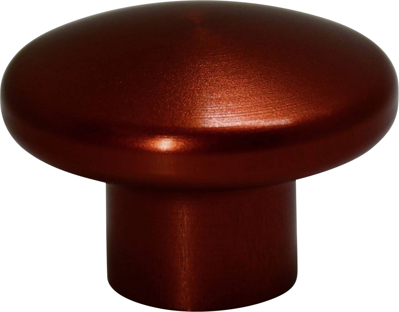 A shiny, metallic red door knob with a round top and cylindrical base, reflecting light.