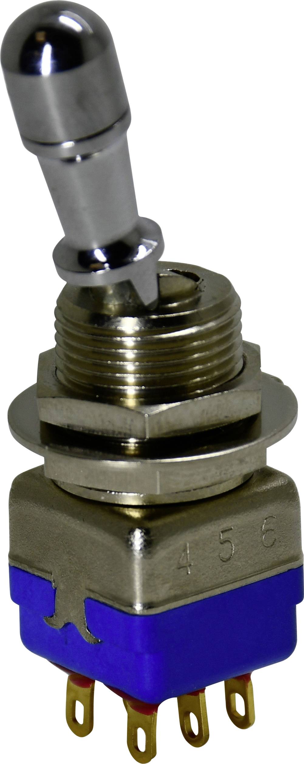 A metal toggle switch with a blue base and five metal pins, used for electronic circuit control and connectivity.