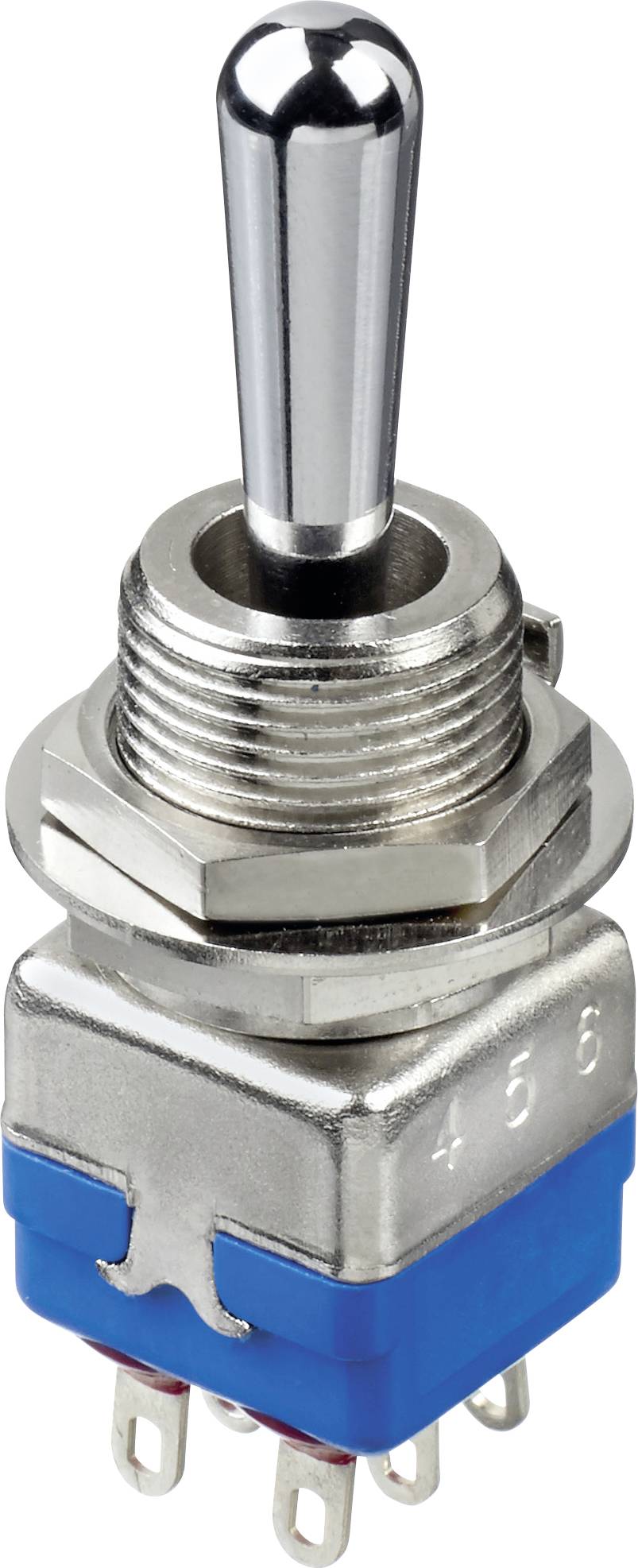 A metal toggle switch with a blue base and six pins, used for controlling electronic circuits, in the off position.