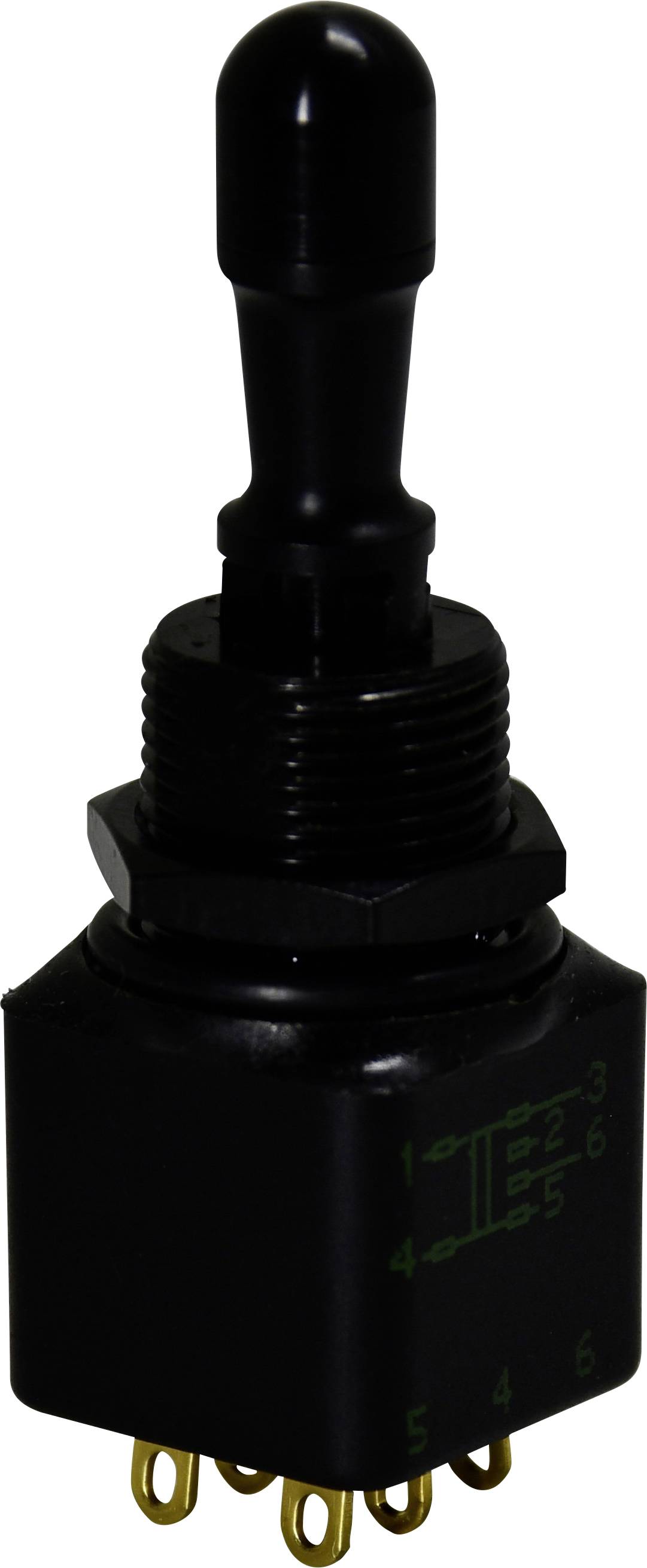 A black toggle switch with a lever and six gold contacts at the base, used for electronic circuitry.