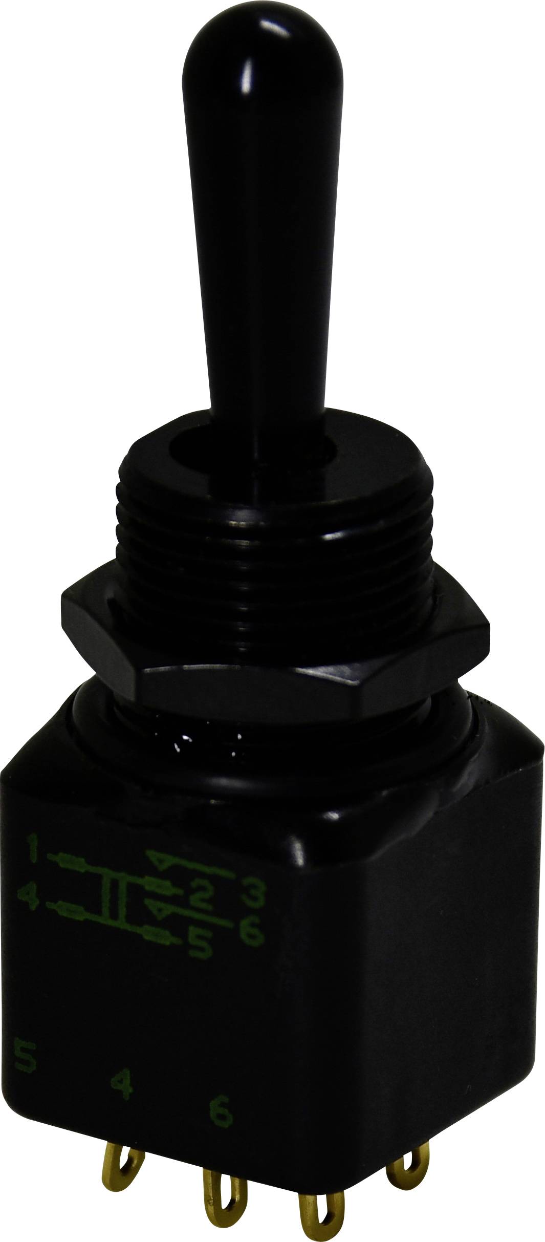A black toggle switch with six gold terminals, labeled 1 to 6, likely used for electronic device control, shown upright.