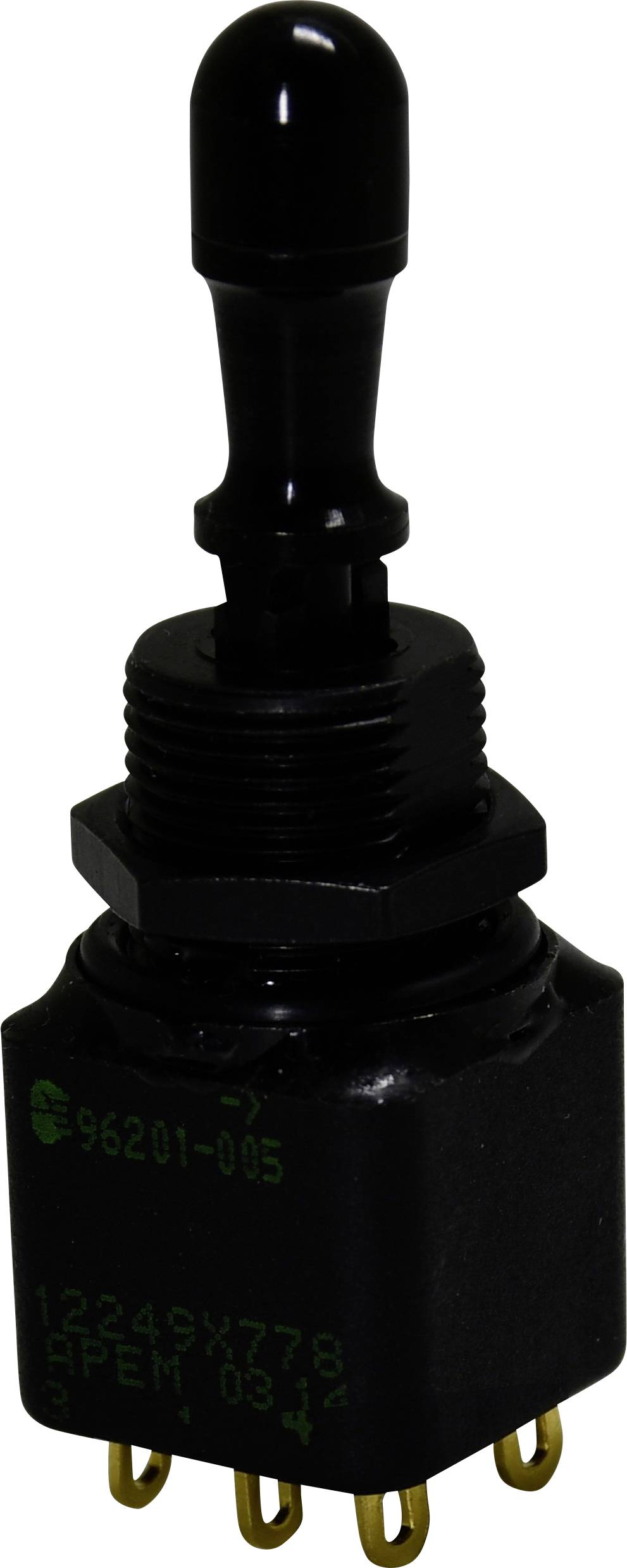 'A black toggle switch with gold pins, labeled 