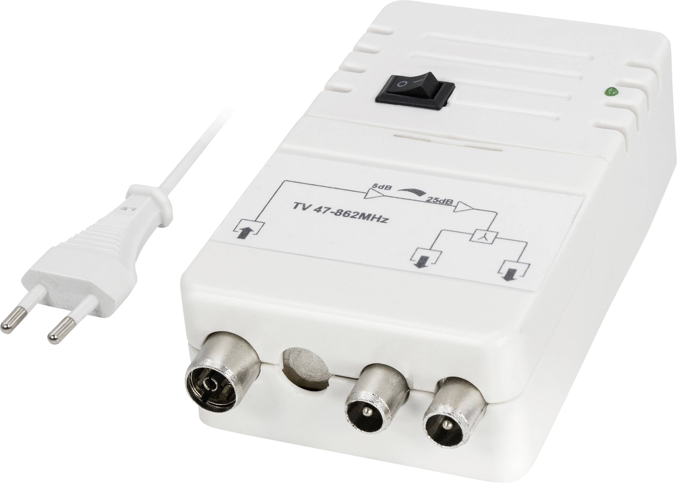 A white electronic device labeled 'TV 47-862MHz' with multiple ports and an attached power cord, used for signal distribution.