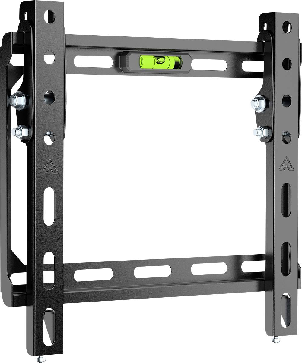 Tiltable wall mount for flat screen TVs, featuring adjustable brackets and a built-in spirit level for alignment.