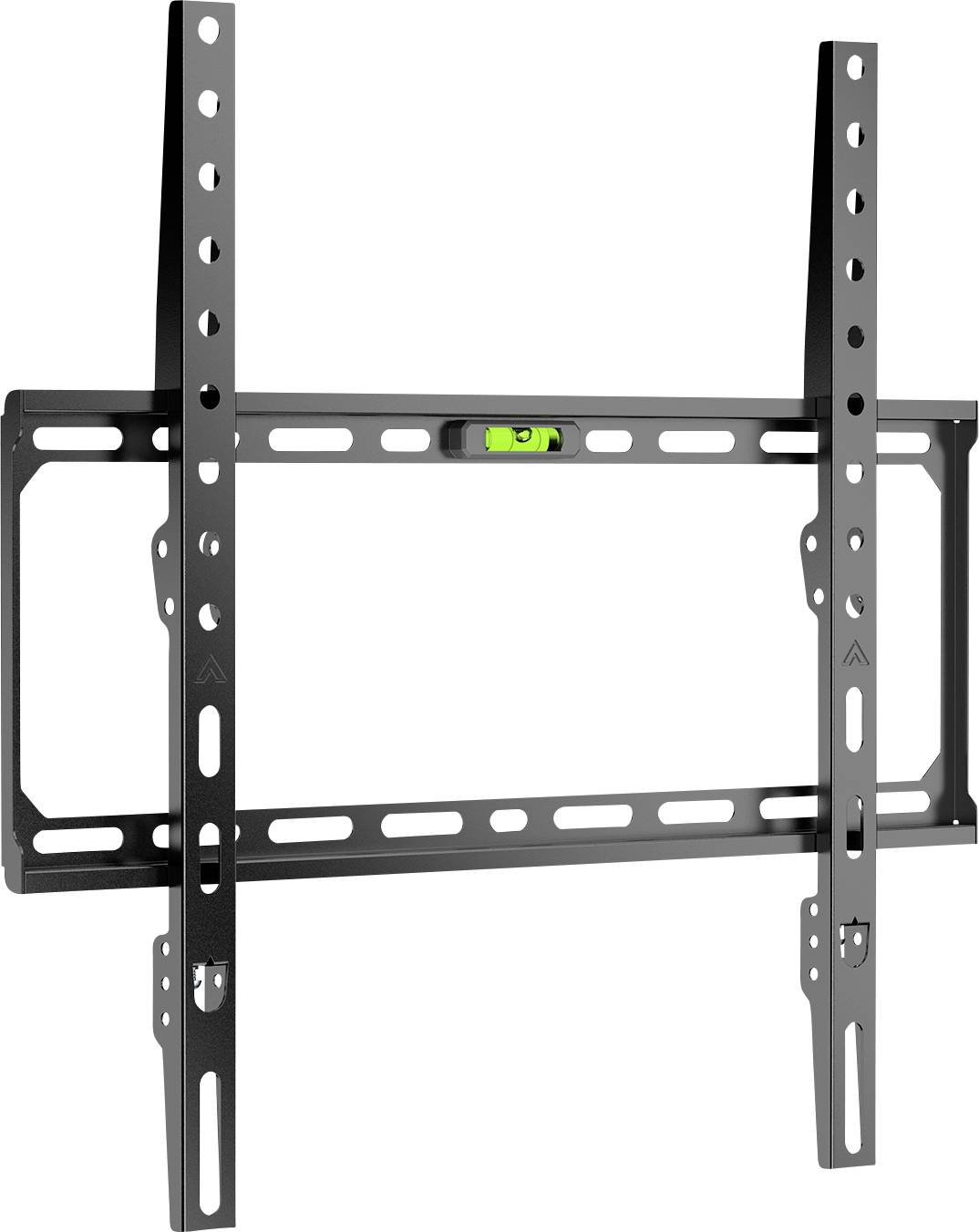Flat wall mount for televisions with adjustable brackets and built-in bubble level for precise alignment.