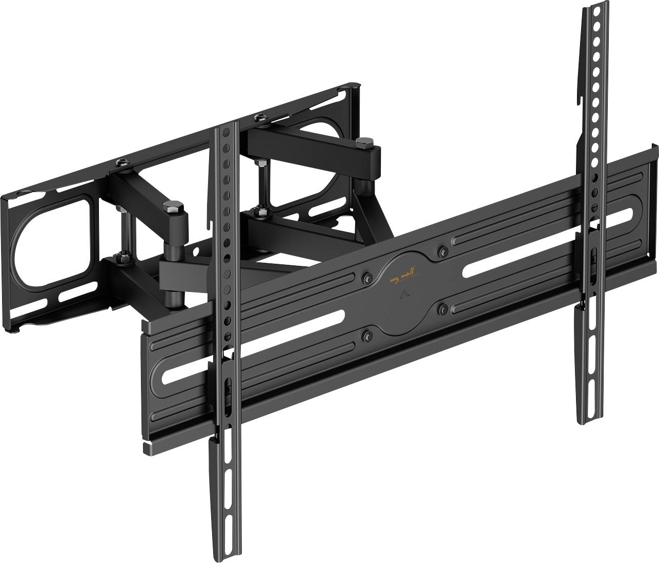 A black, adjustable wall mount designed to hold flat-screen TVs. It features extendable arms and multiple holes for mounting adjustments.
