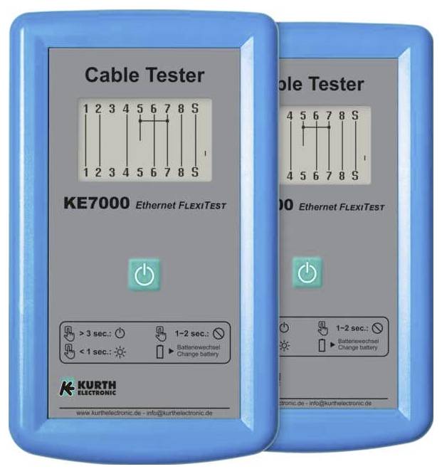 Two blue KE7000 Ethernet cable testers, both showing wire connection diagrams and power buttons.