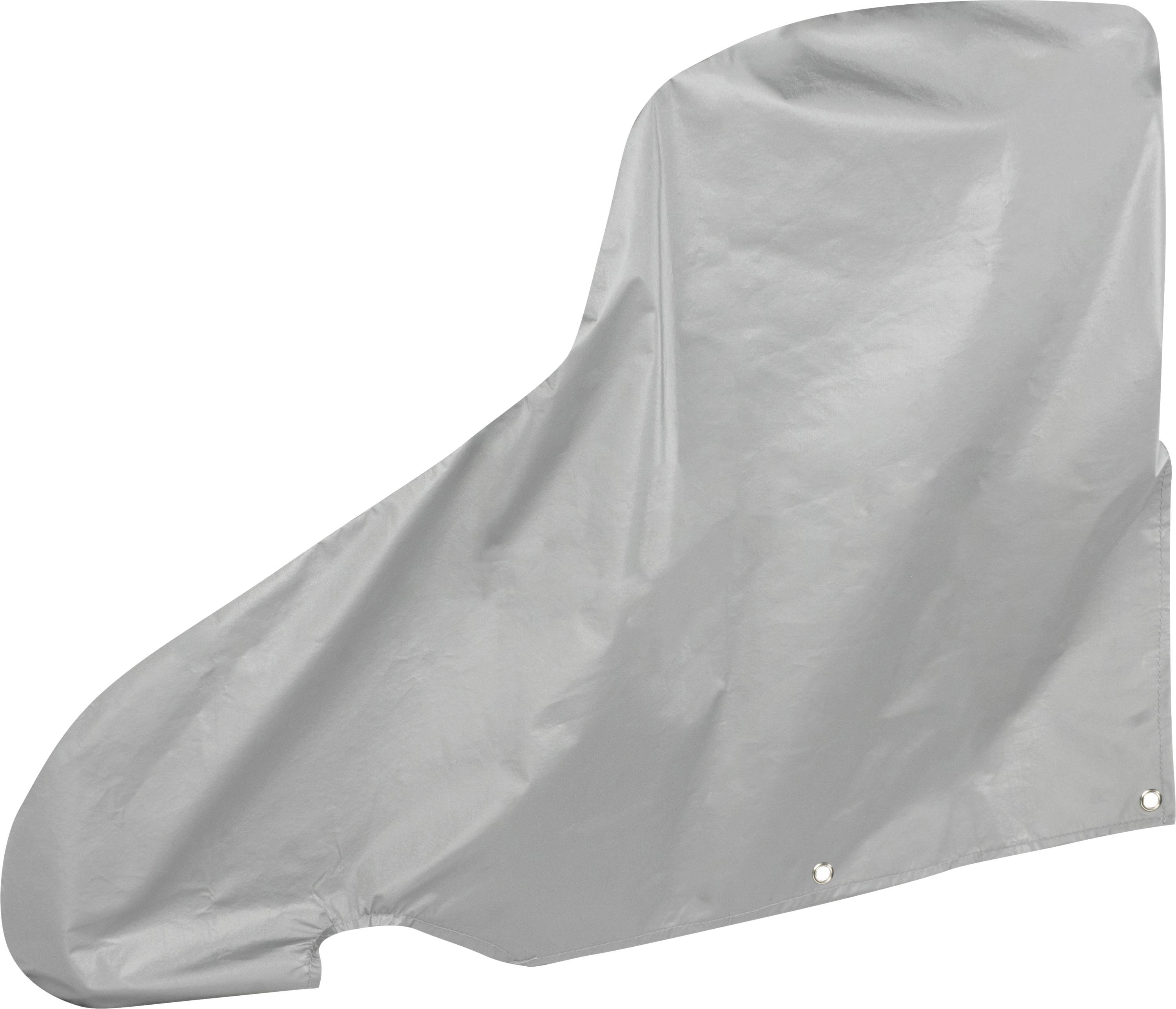 A gray protective cover designed to fit a bike, with a shape that includes space for handlebars and a seat, offering weather protection.