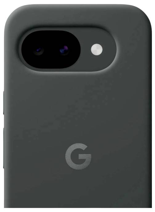 Close-up of a smartphone's rear camera and flash on a matte dark case with the letter 'G' logo.
