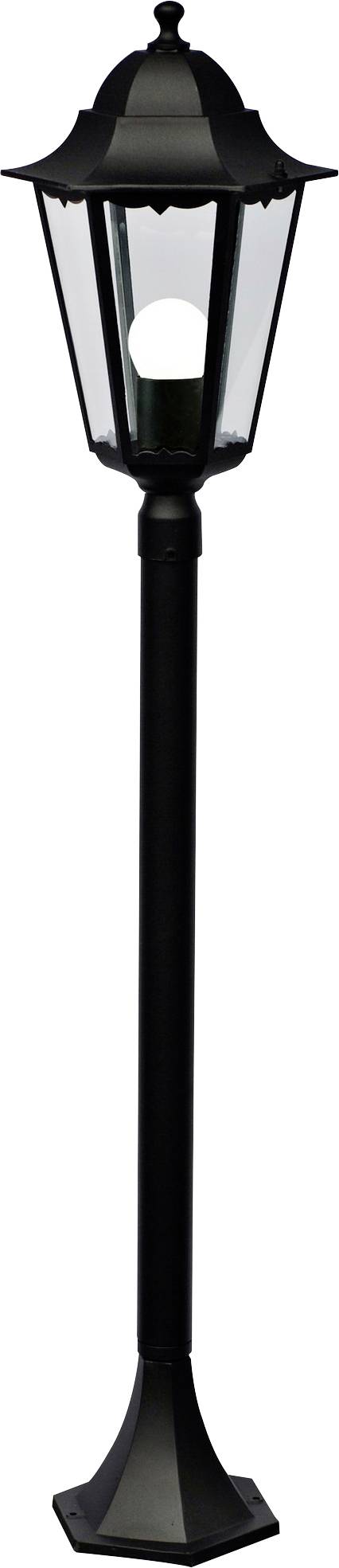 Black outdoor lantern post with a hexagonal lamp head, clear glass panels, and decorative top. It stands on a sturdy base.
