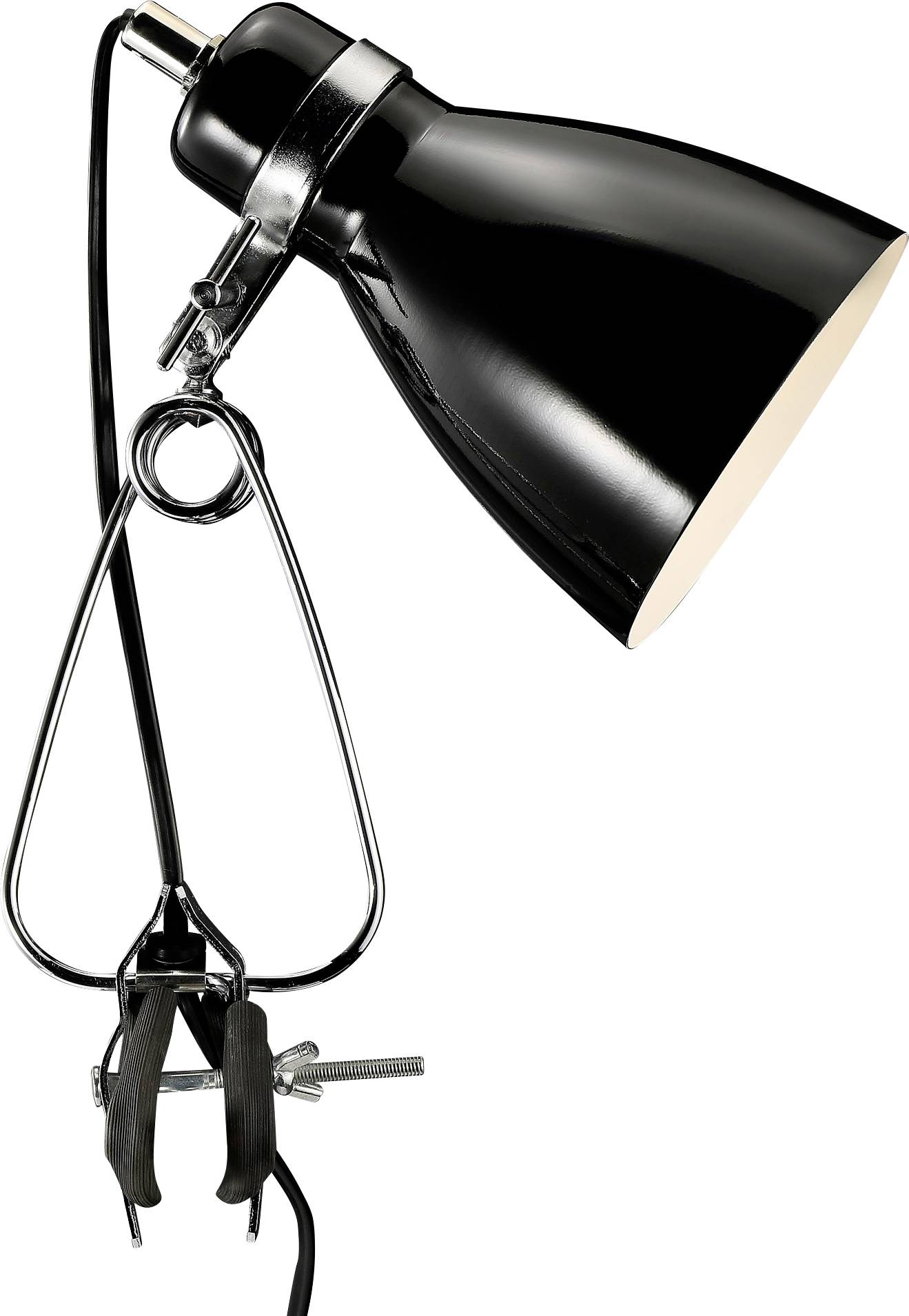 A black metal clamp lamp with a conical shade, adjustable arm, and attached electrical cord, designed for focused task lighting.