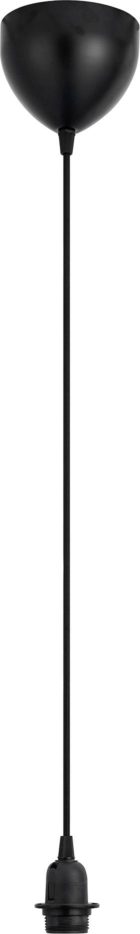 A black minimalist pendant light fixture with a long cord and a cone-shaped canopy.