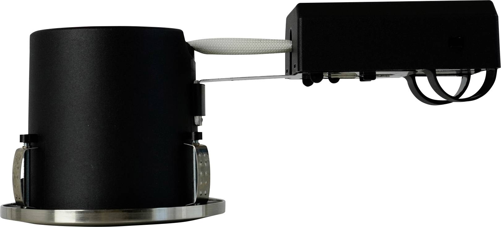 Black cylindrical recessed light fixture with attached rectangular junction box and connecting cables.