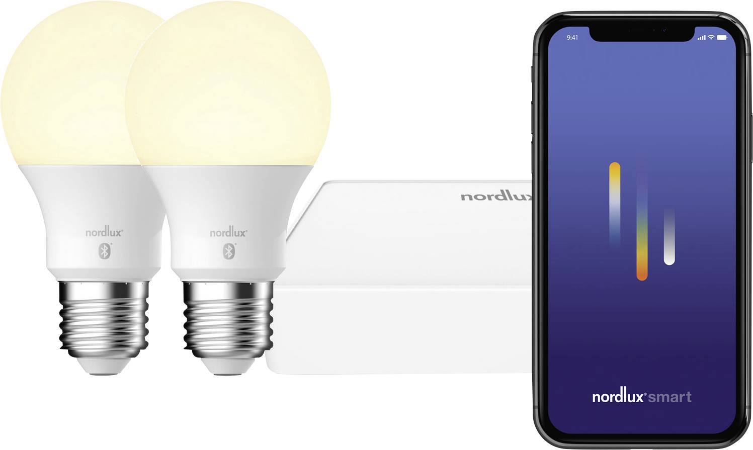 Set of two smart light bulbs next to a smartphone displaying the Nordlux smart app interface, illustrating smart home lighting control.
