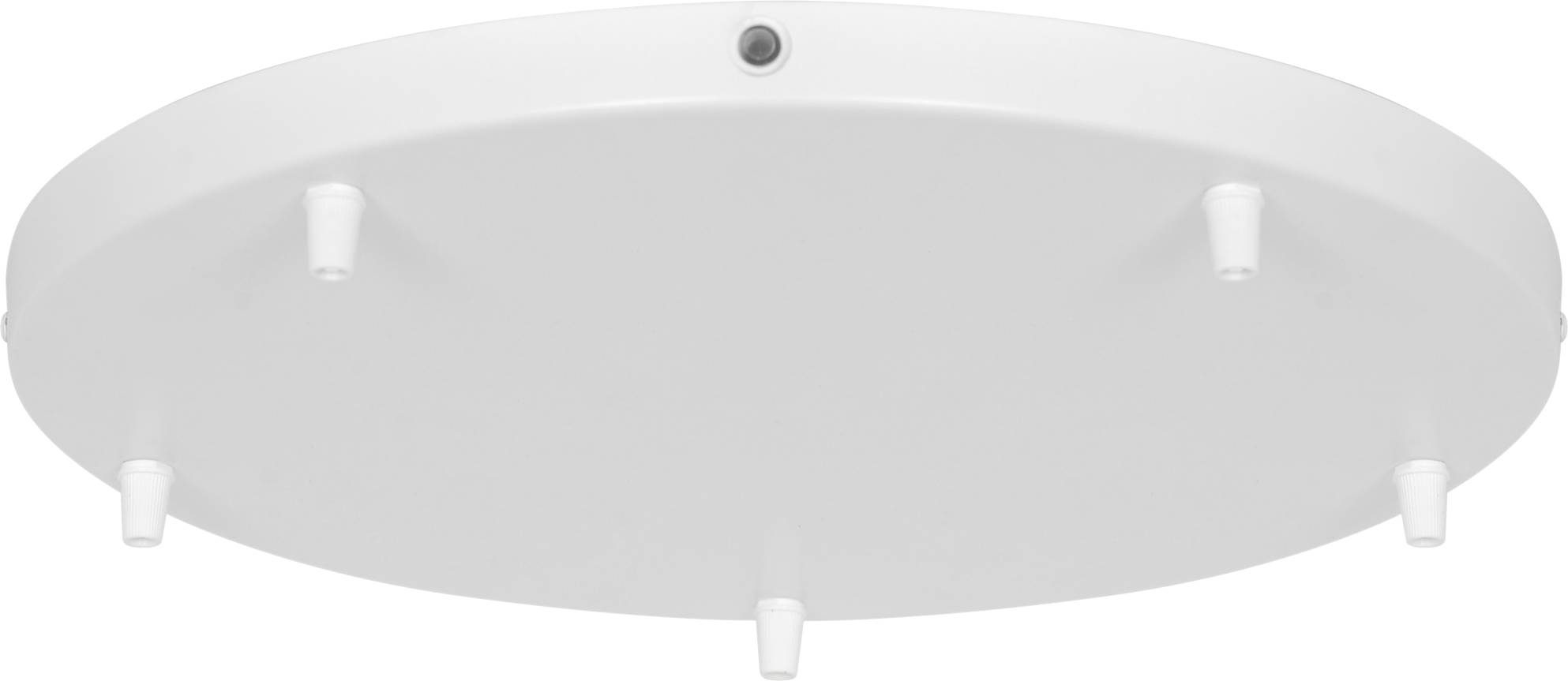 A round, white ceiling mount plate with five protruding pegs and a central hole, likely used for attaching a fixture, viewed from below.