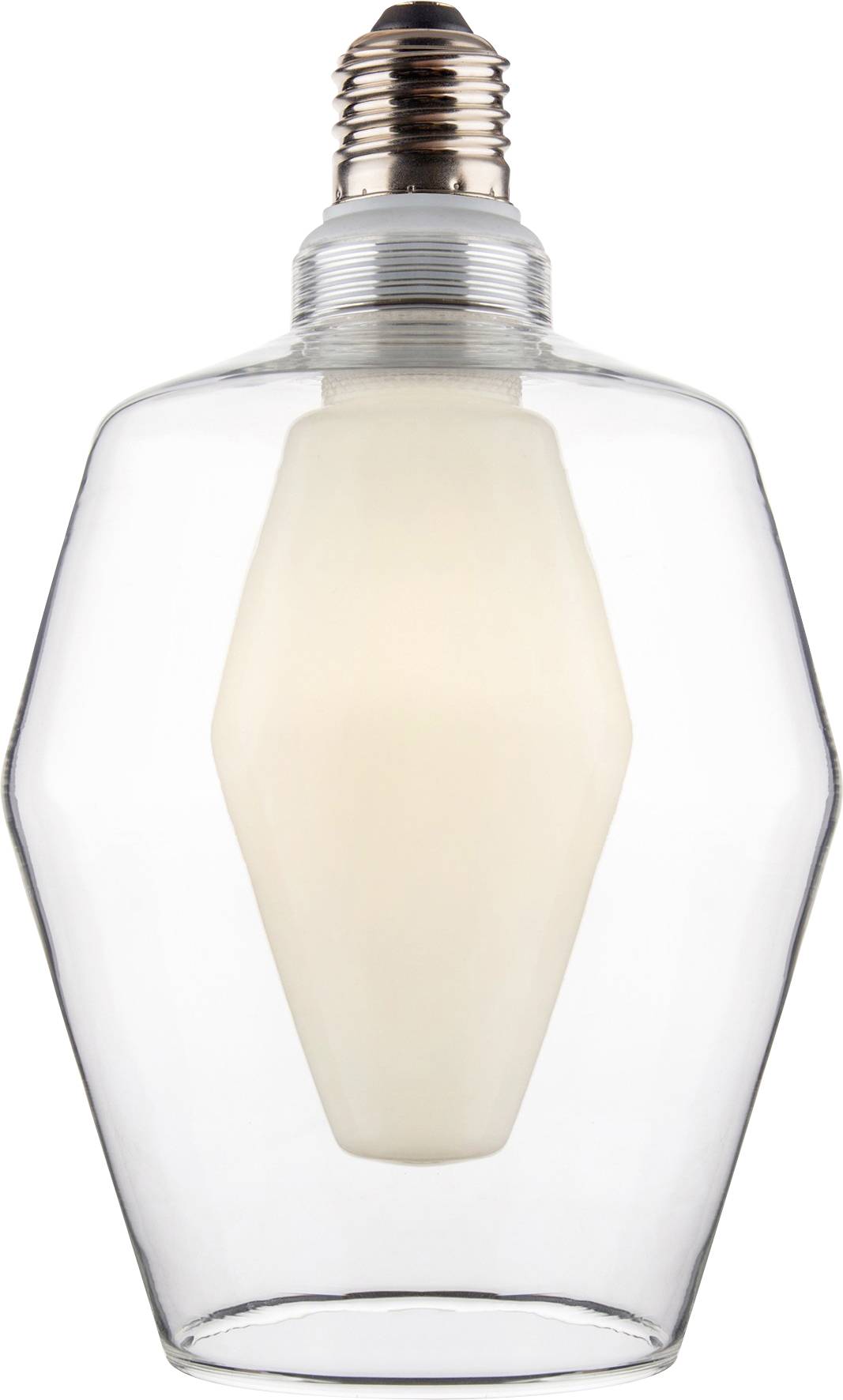 A clear glass light bulb with a unique angular design and a warm glow, featuring a copper screw base.