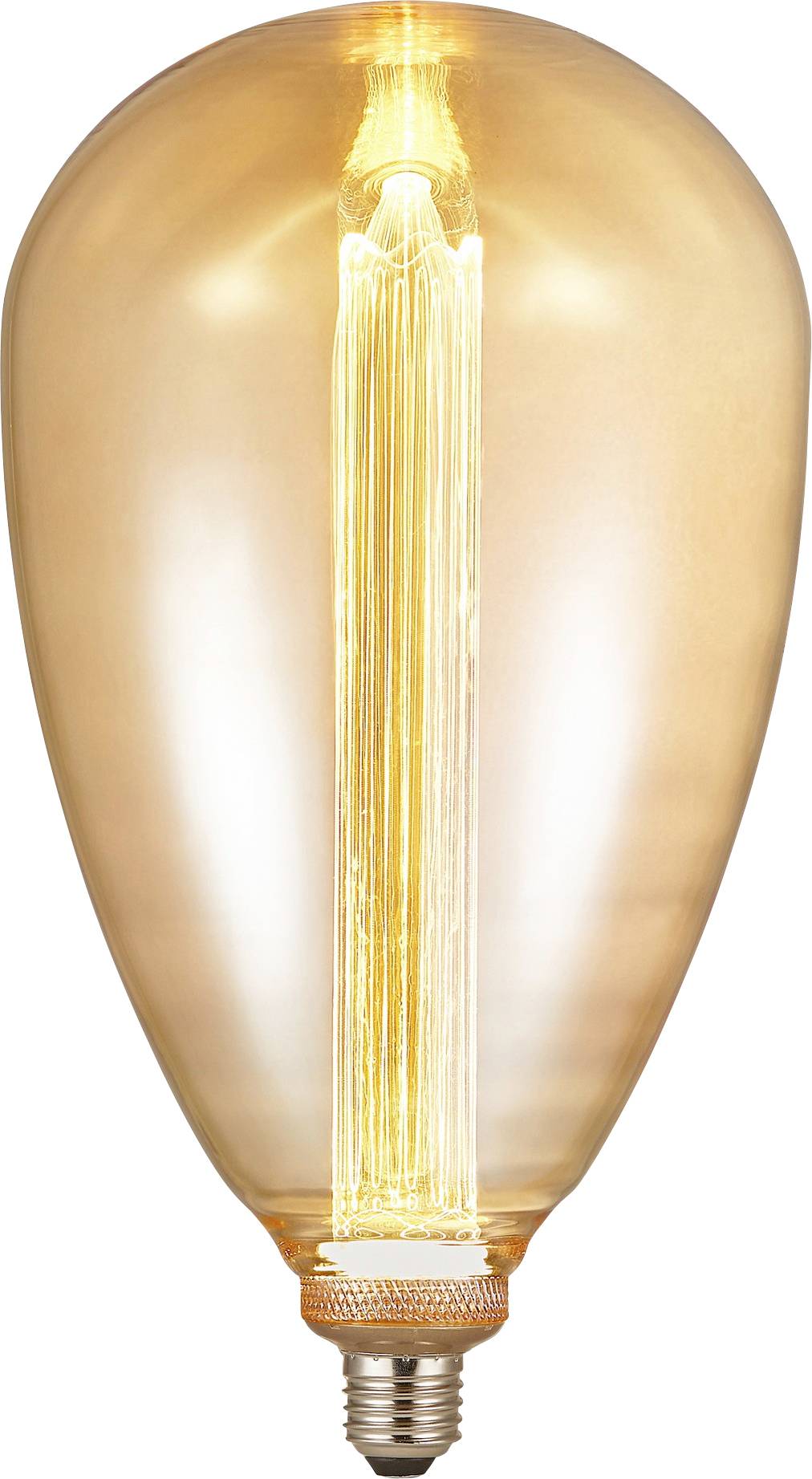 A vintage-style Edison light bulb with visible glowing filament, set against a plain background, showcasing its warm light.