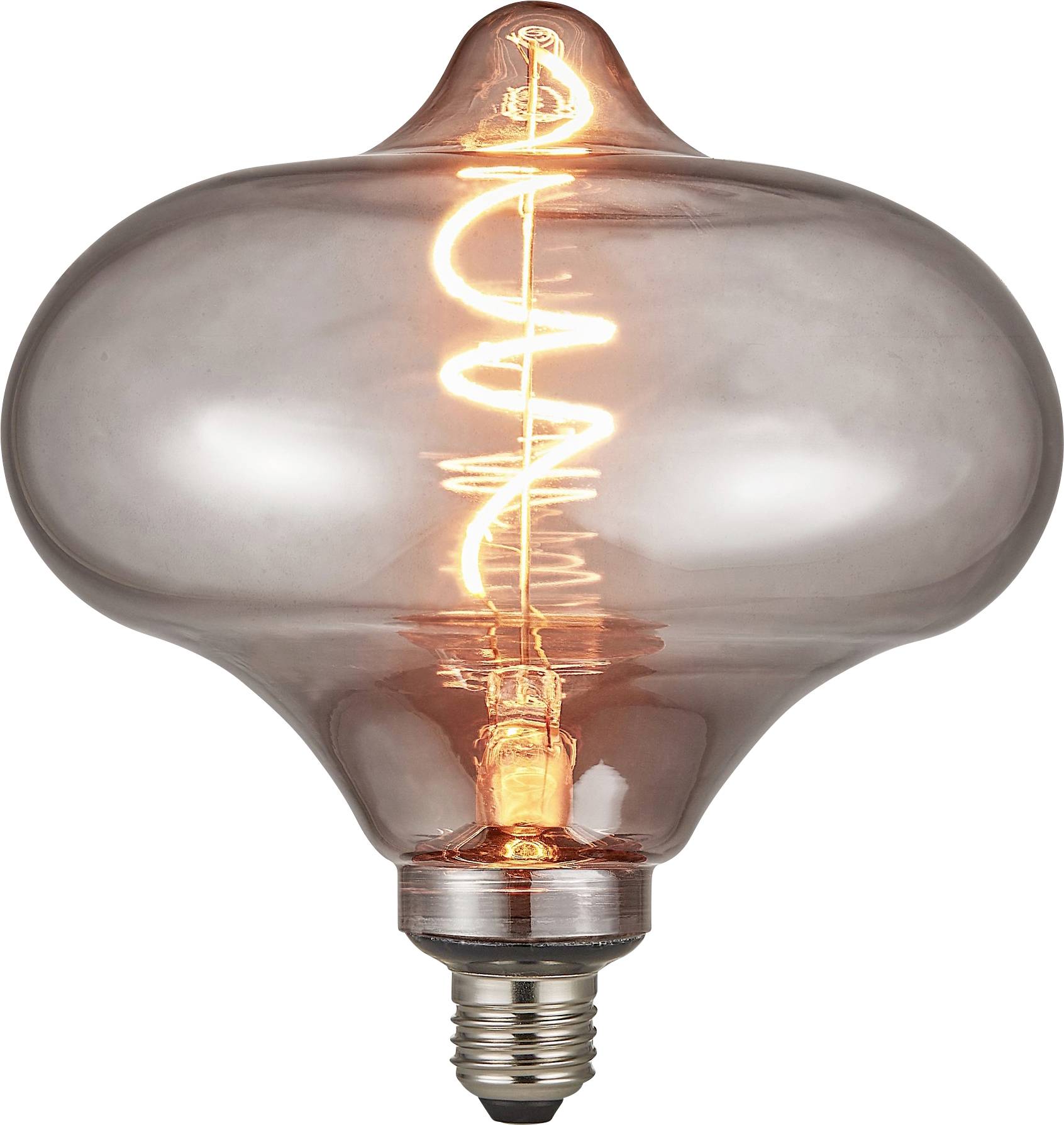 A vintage-style light bulb with a glowing spiral filament inside a uniquely shaped glass, suggesting warmth and retro design.