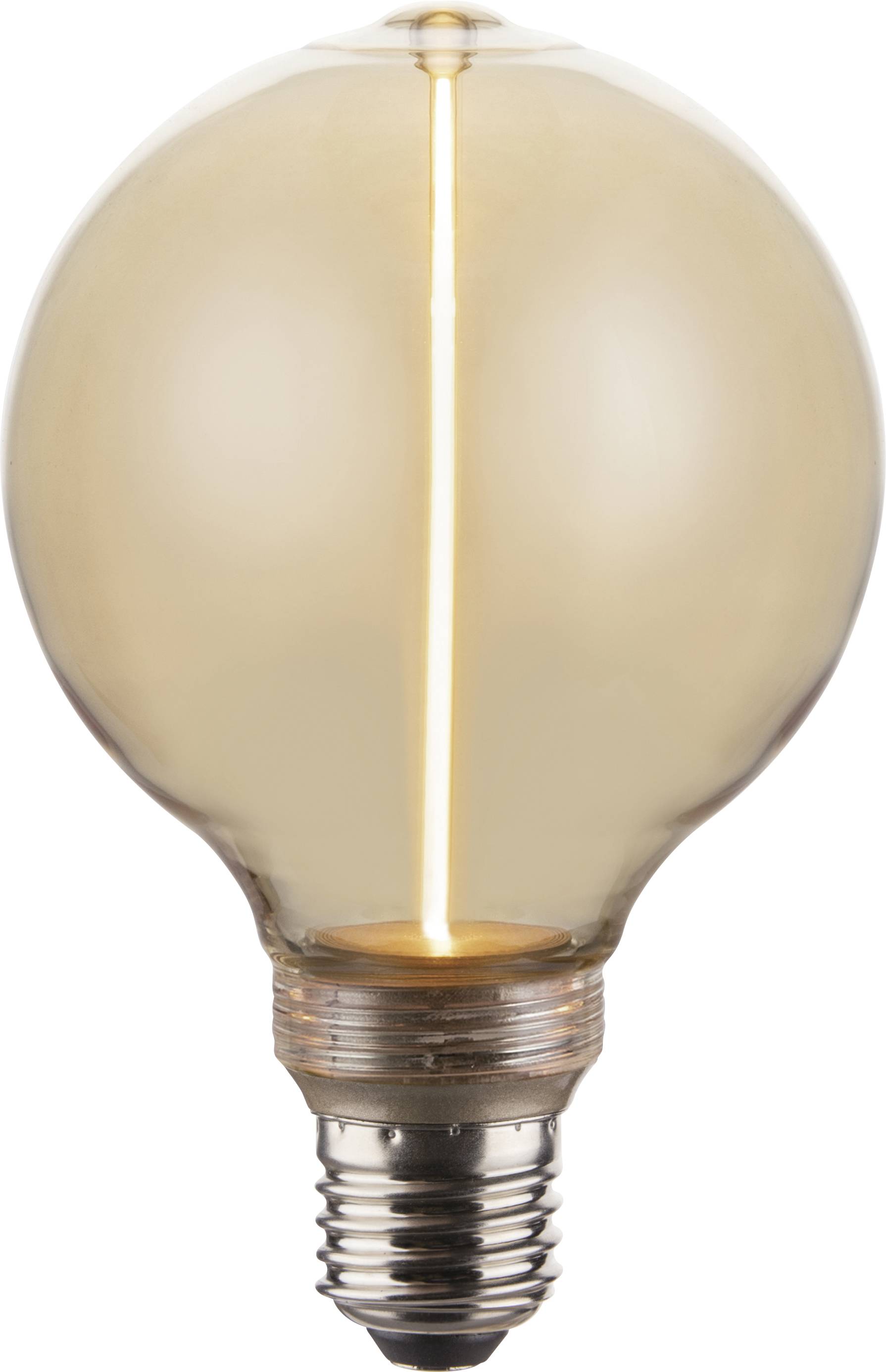 A vintage-style incandescent light bulb with a glowing filament inside a round, translucent glass casing and a metallic screw base.