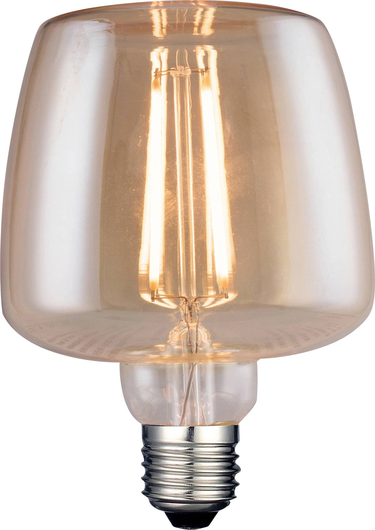 A lit, vintage-style filament light bulb with a warm glow inside a transparent, cone-shaped glass cover.