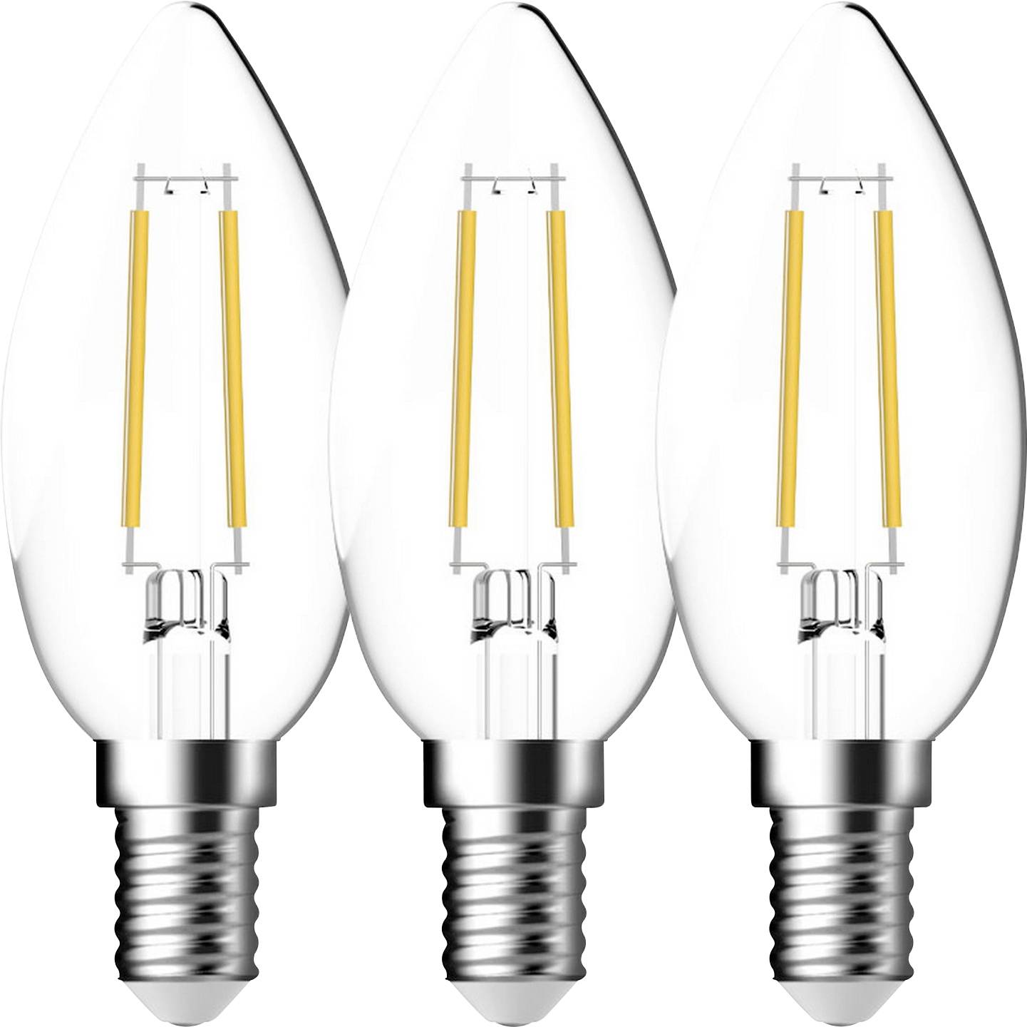 Three LED filament light bulbs with transparent glass and screw bases are aligned vertically against a white background.