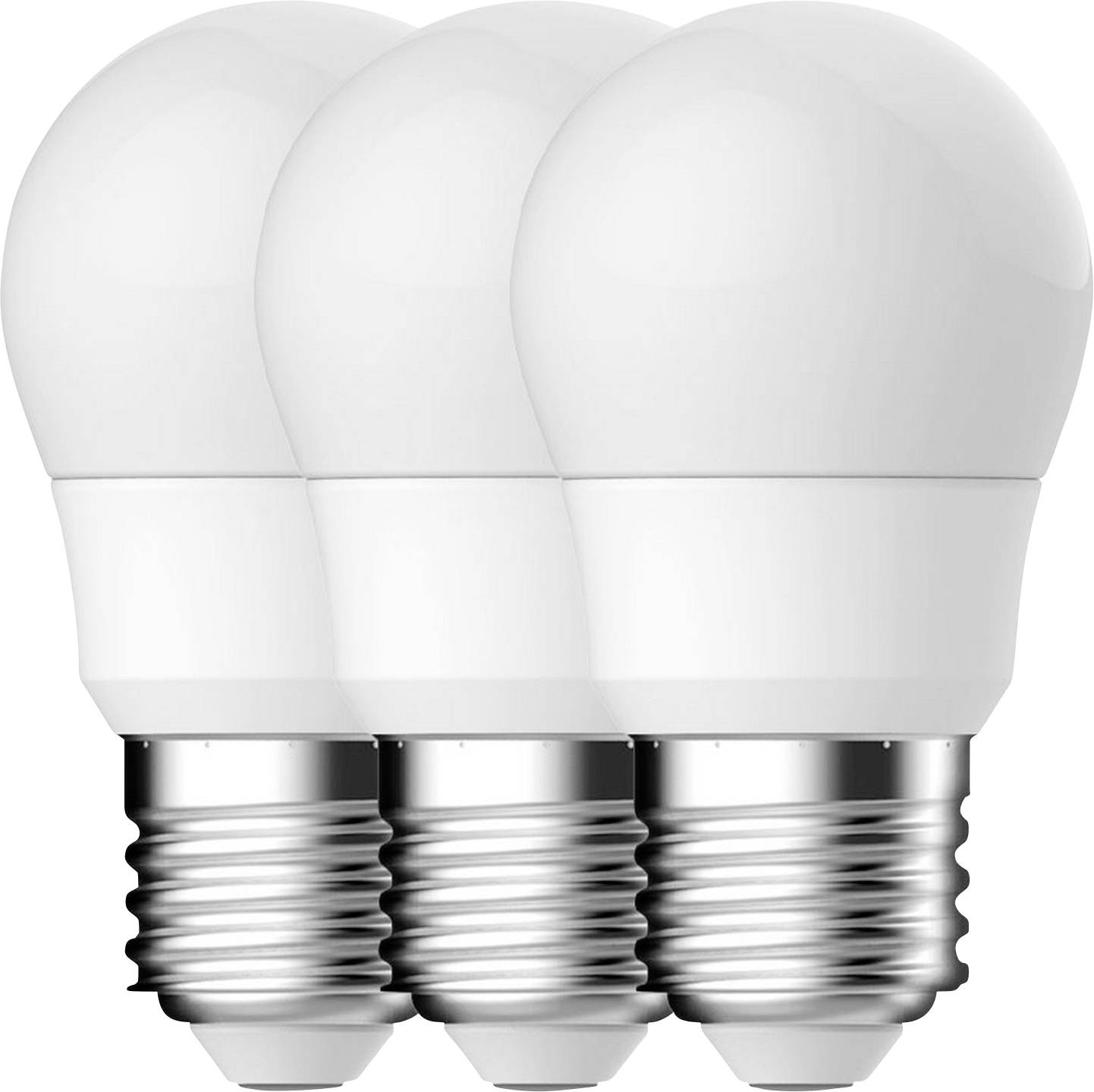 Three white LED light bulbs with silver bases are positioned side by side against a white background.