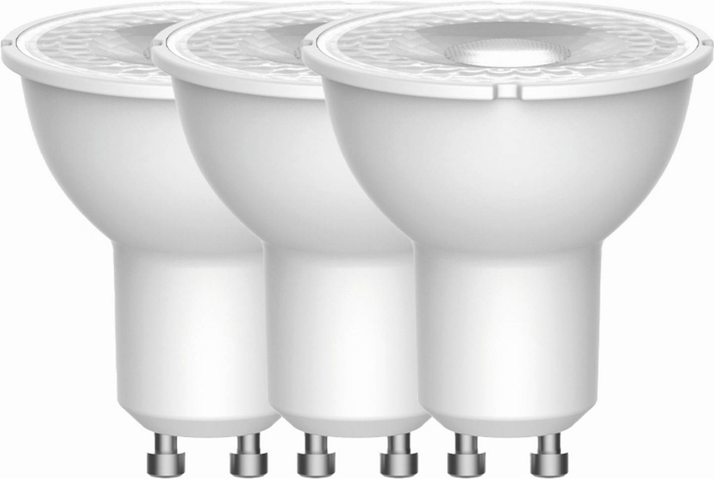 Three energy-efficient LED light bulbs with GU10 bases are aligned in a row, showcasing their design and compact size.
