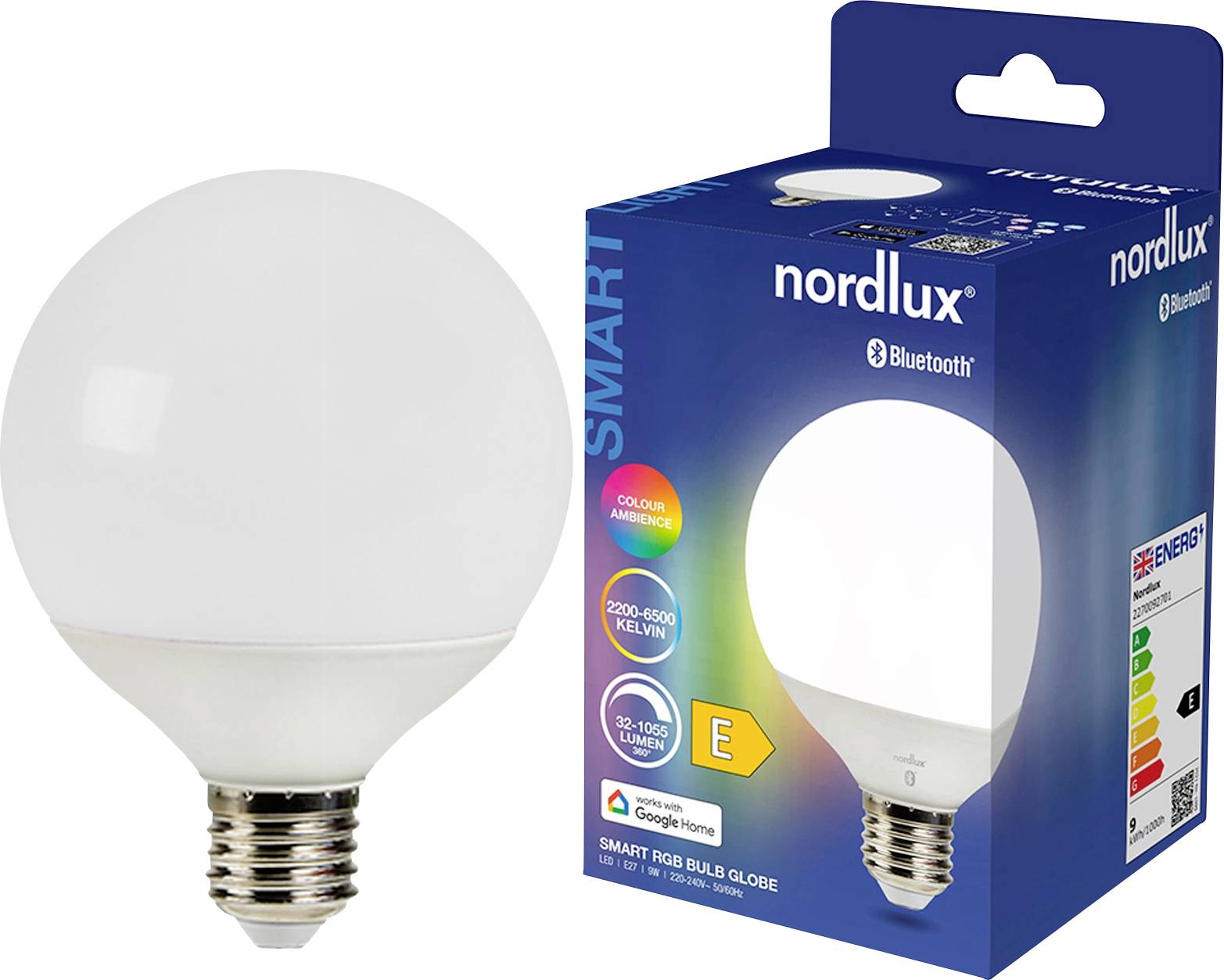A 'Nordlux' smart LED bulb and its box featuring Bluetooth connectivity, color change options from 2200-6500 Kelvin, 32-1050 lumens, and Google Home compatibility.